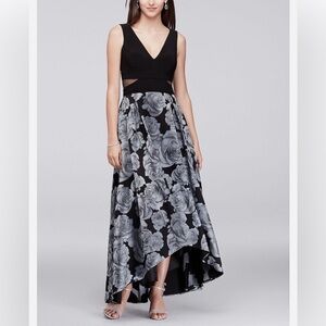 XSCAPE Floral Jacquard High Low Sheer Cut-Out Ball Gown Dress